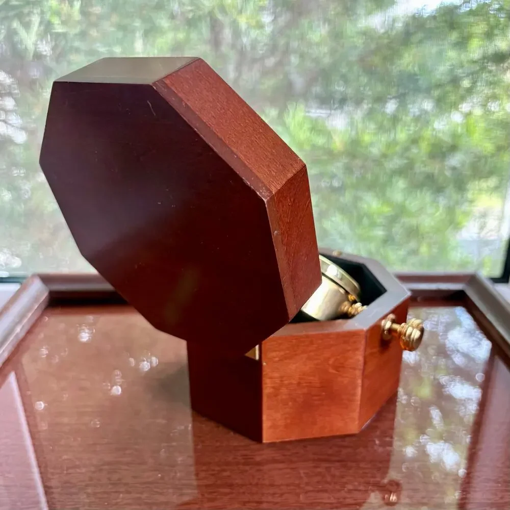 Vintage Howard Miller Hinged Wood Desk Clock Rotating Brass Roman Numeral